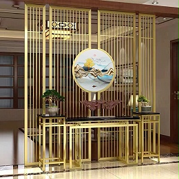 定制新中式金屬隔斷鈦金入門玄關酒店鏤空通花客廳背景