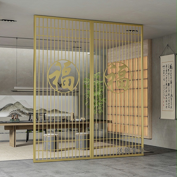 隔斷現代新中式客廳輕奢花格黃鈦金屬通花鏤空假山定制